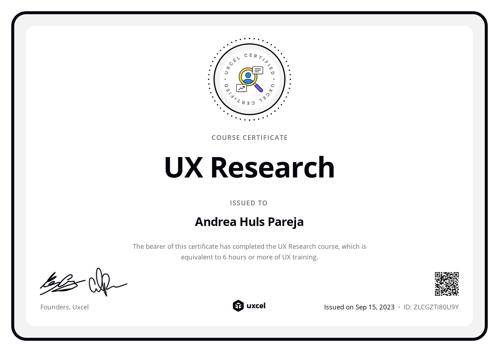 Andrea Huls Pareja's certificate